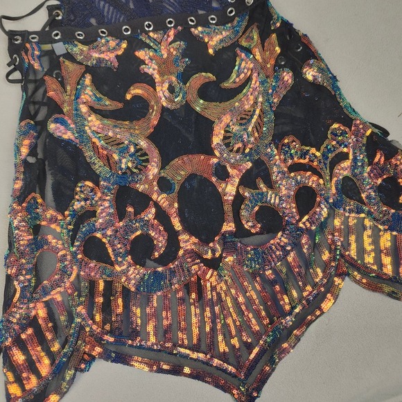 Disco Lemonade Lace Up Halter Dress Womens Medium Fairy Rave Sequin Pink Green - Picture 7 of 9